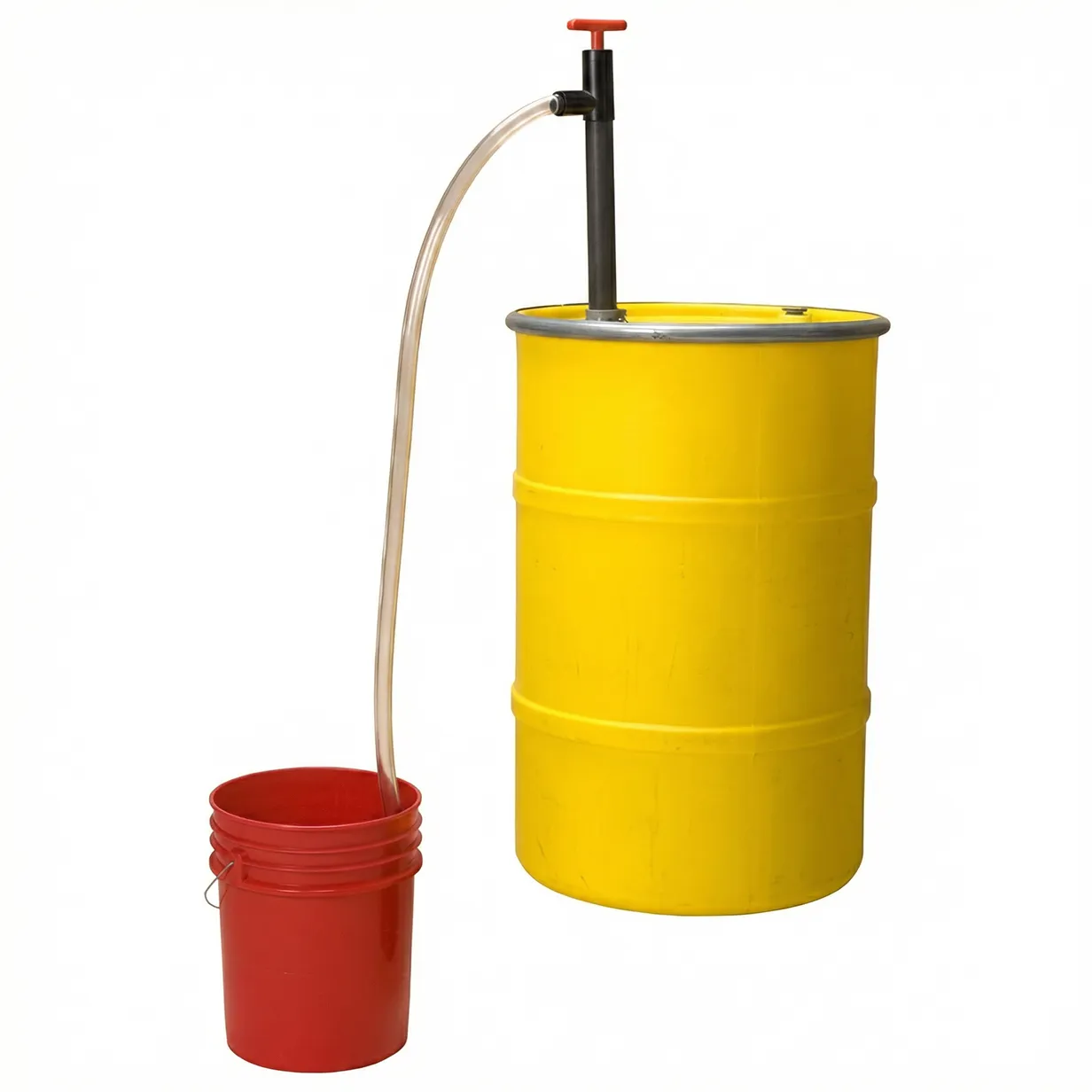 Manual fluid transfer pump with black handle moves liquid from large yellow drum to small red bucket.