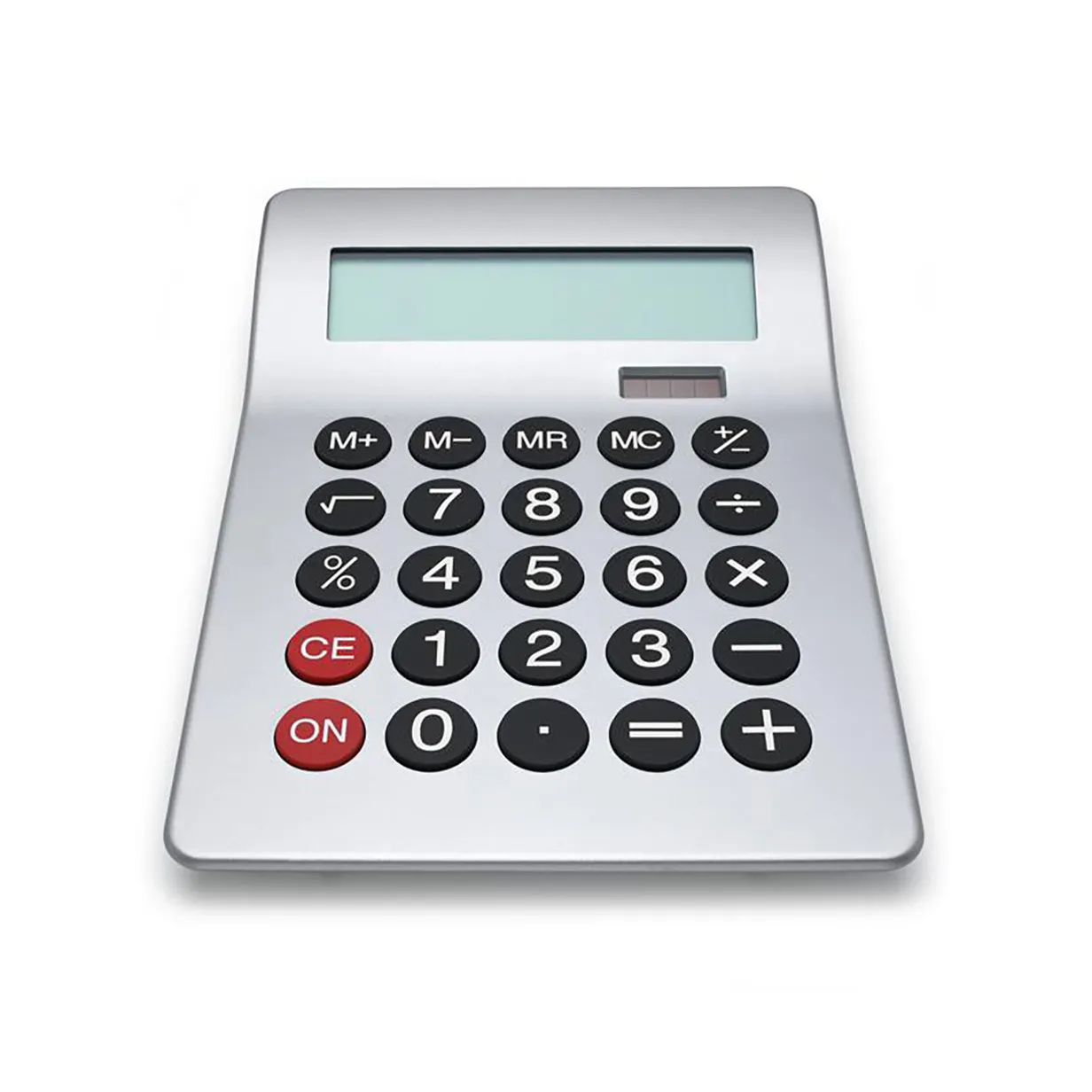 Silver calculator with black and red buttons including numbers and arithmetic functions.
