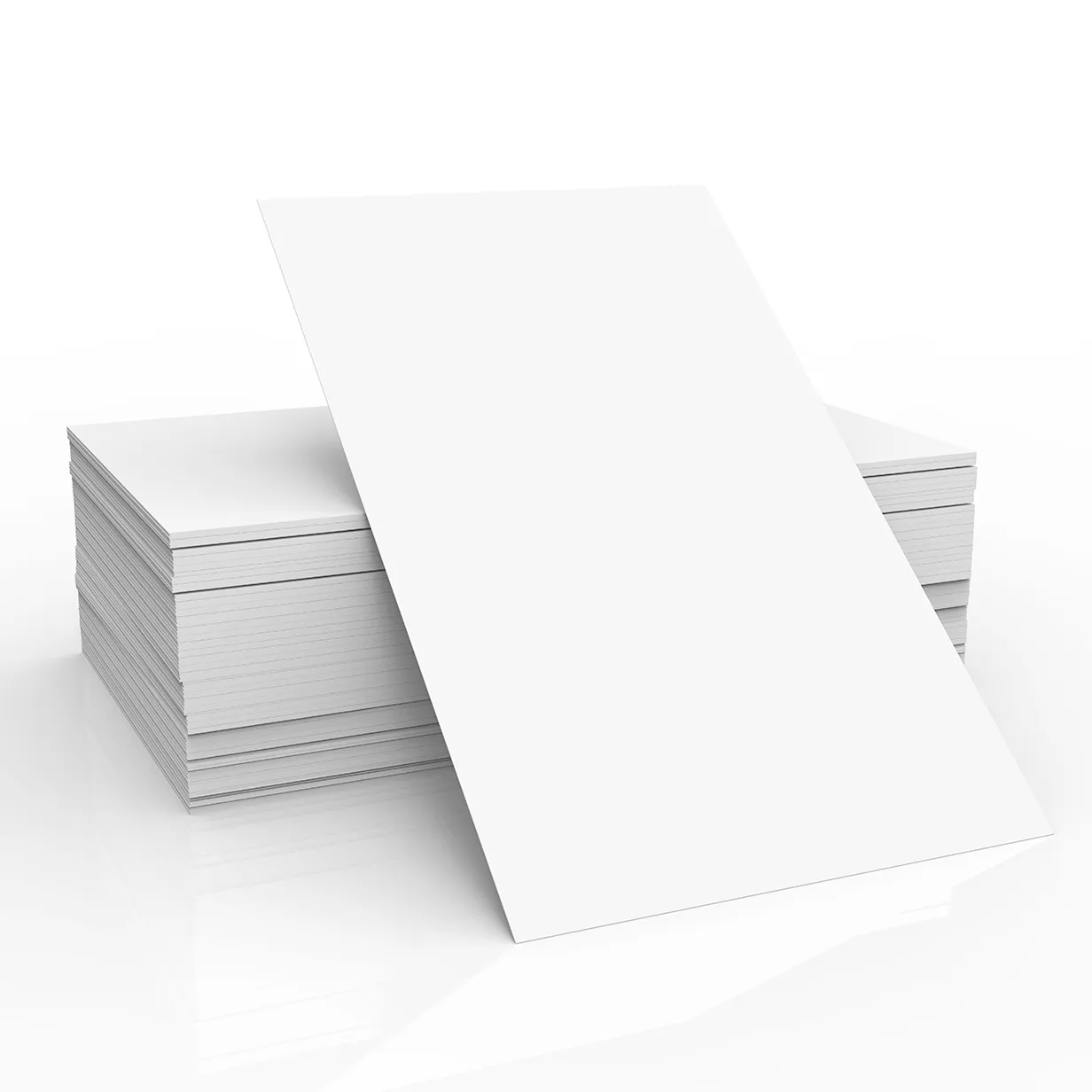Stack of blank white rectangular paper sheets with one sheet leaning against the stack.