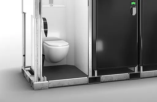 Modern portable toilet with white interior and wall-mounted toilet inside a black enclosure.