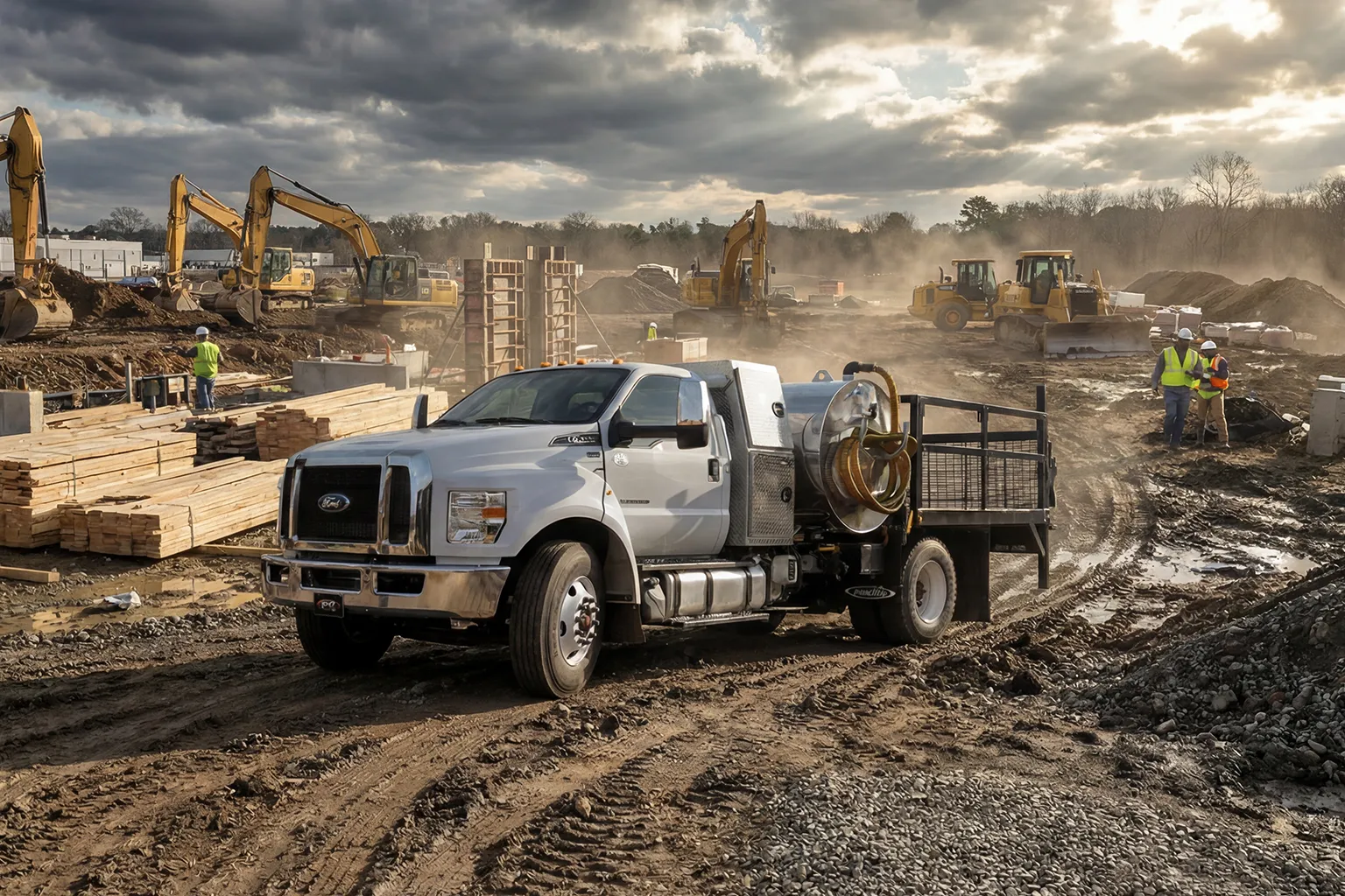 White Ford service truck parked on a muddy construction site with excavators and workers in the background.