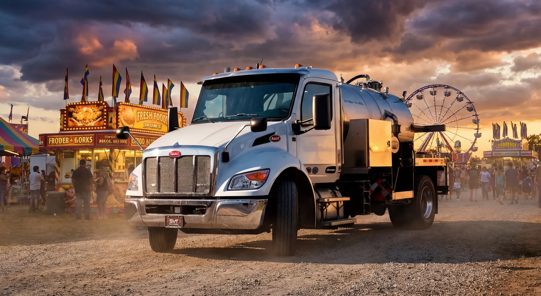 White tanker truck on dirt path at a fair with food stands, people, and a Ferris wheel in sunset light.