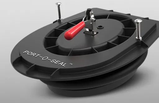 Black Port-O-Seal with red handle clamp and three silver screws on a gray surface.