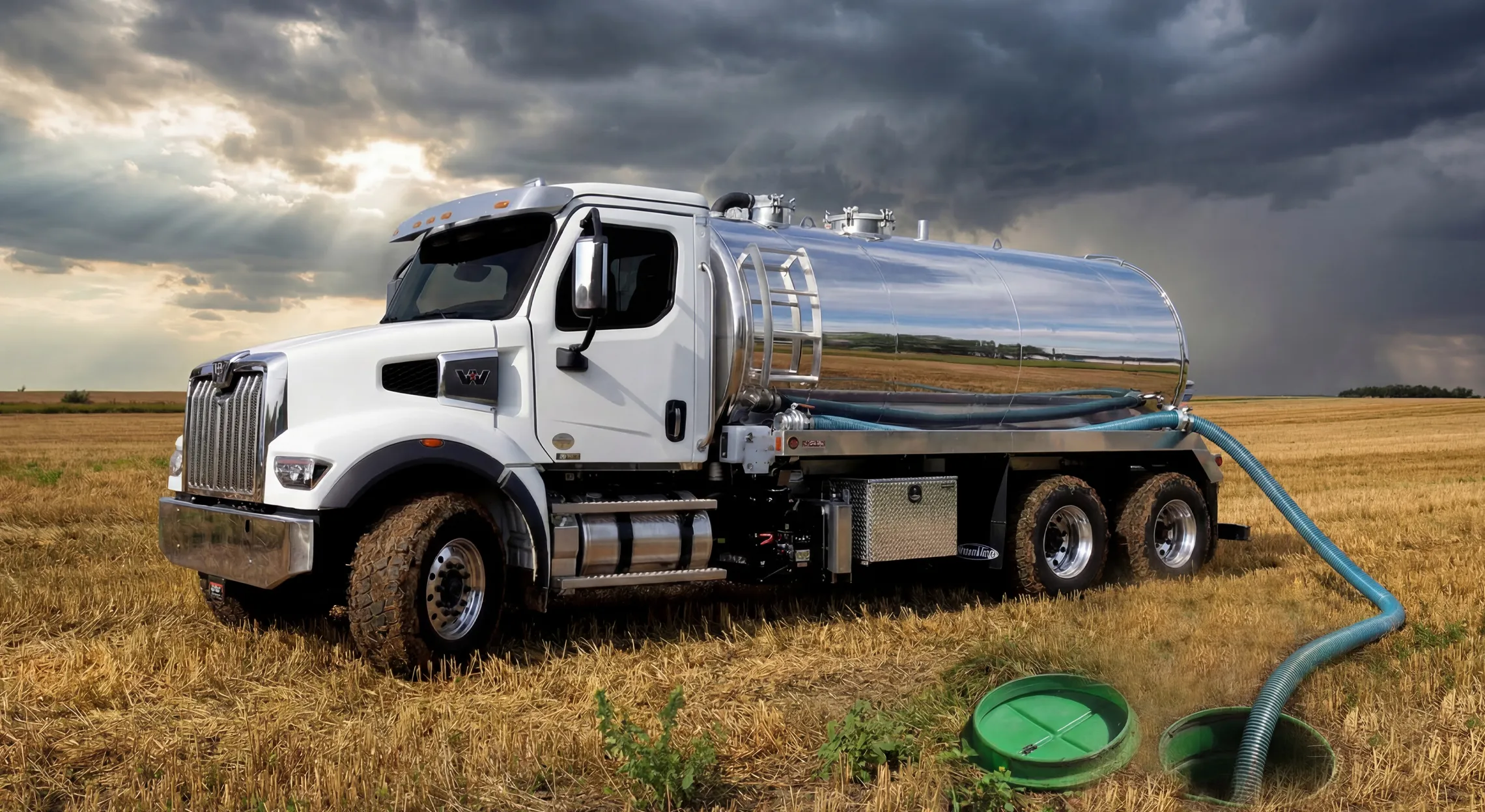 White septic truck with tank and hose attached to open septic tank in a field under cloudy sky.