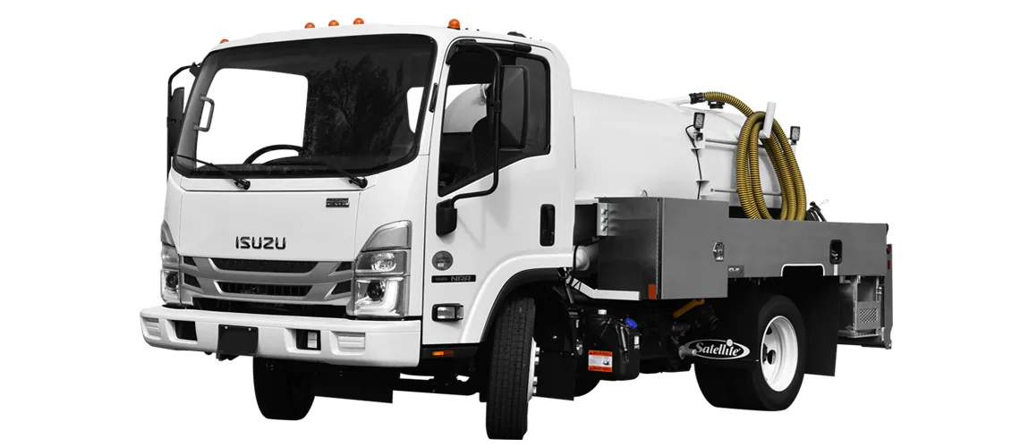 Cabover MD 950 truck with a tank and hoses on the back, white exterior, and frontal view.