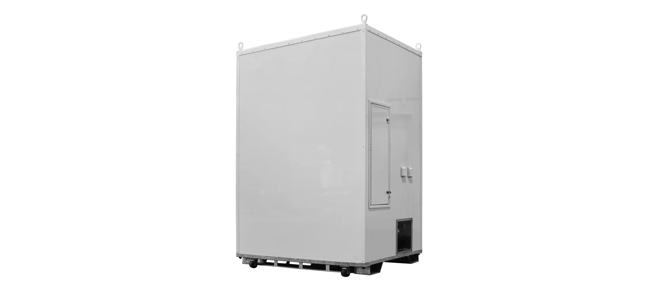 White industrial modular container unit with a side door and small vent near the bottom.