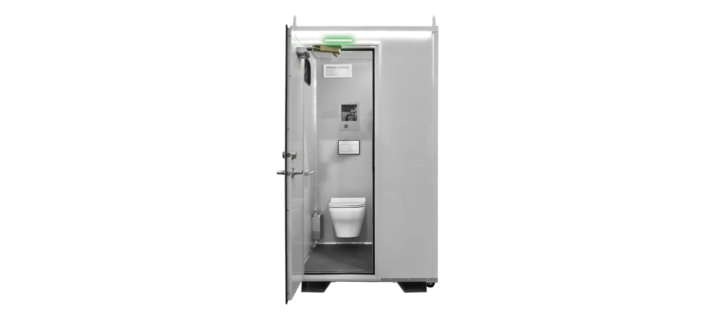 A clean, modern public restroom stall with a toilet and sanitary features inside.