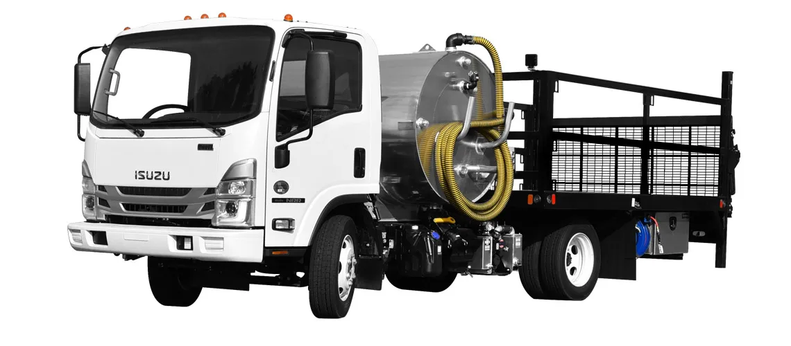 White Isuzu cabover truck with a silver tank and a flatbed, designed for deliveries.