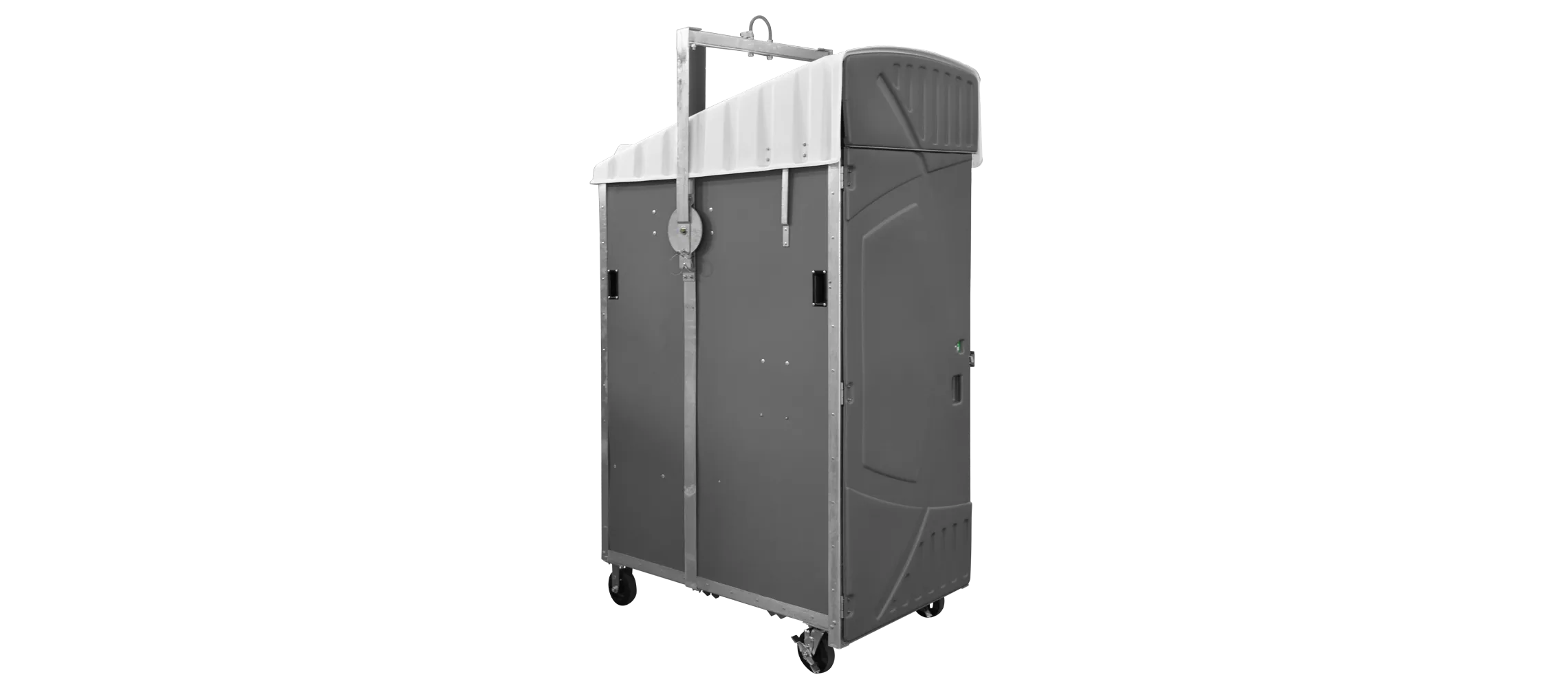 Gray portable restroom on wheels with a white roof and metal frame for lifting or moving.