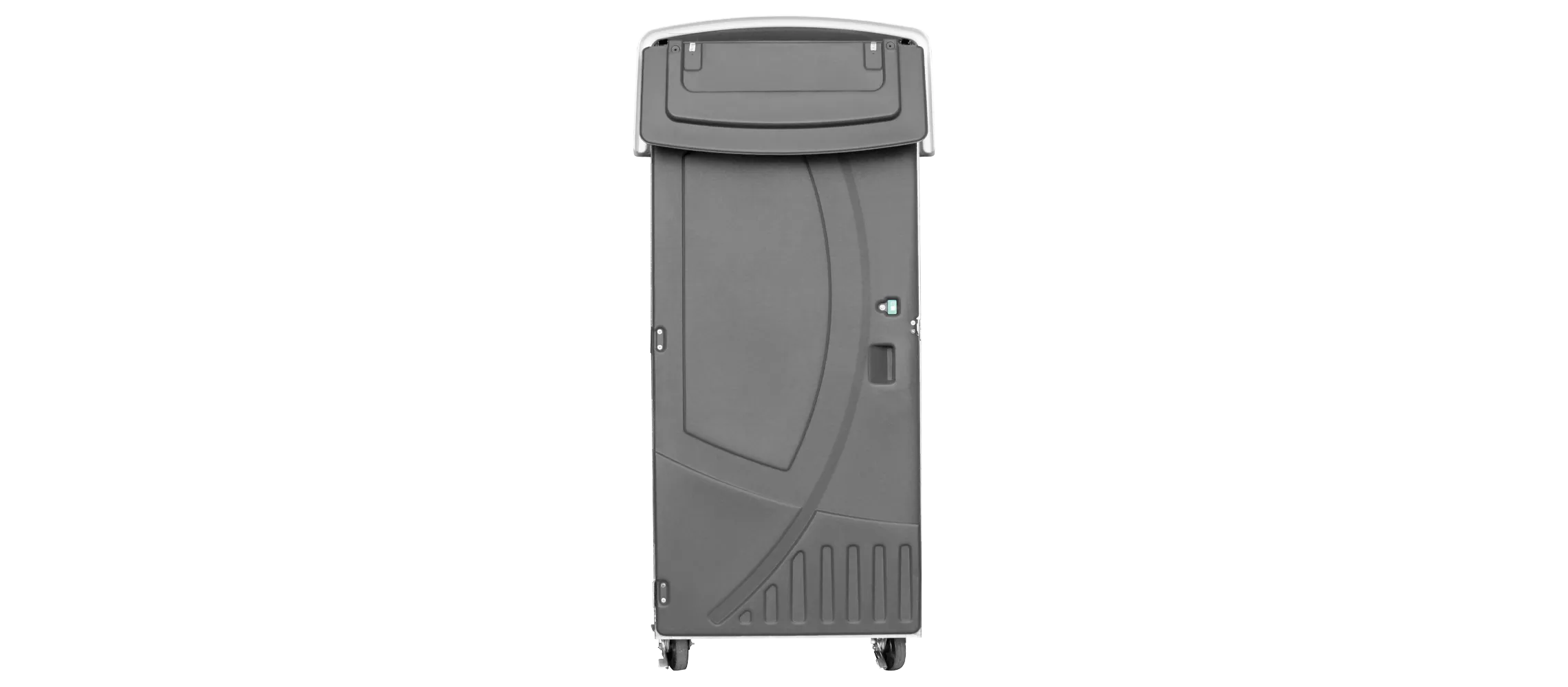 Gray high-rise portable toilet with a curved design and a top lid, mounted on wheels.