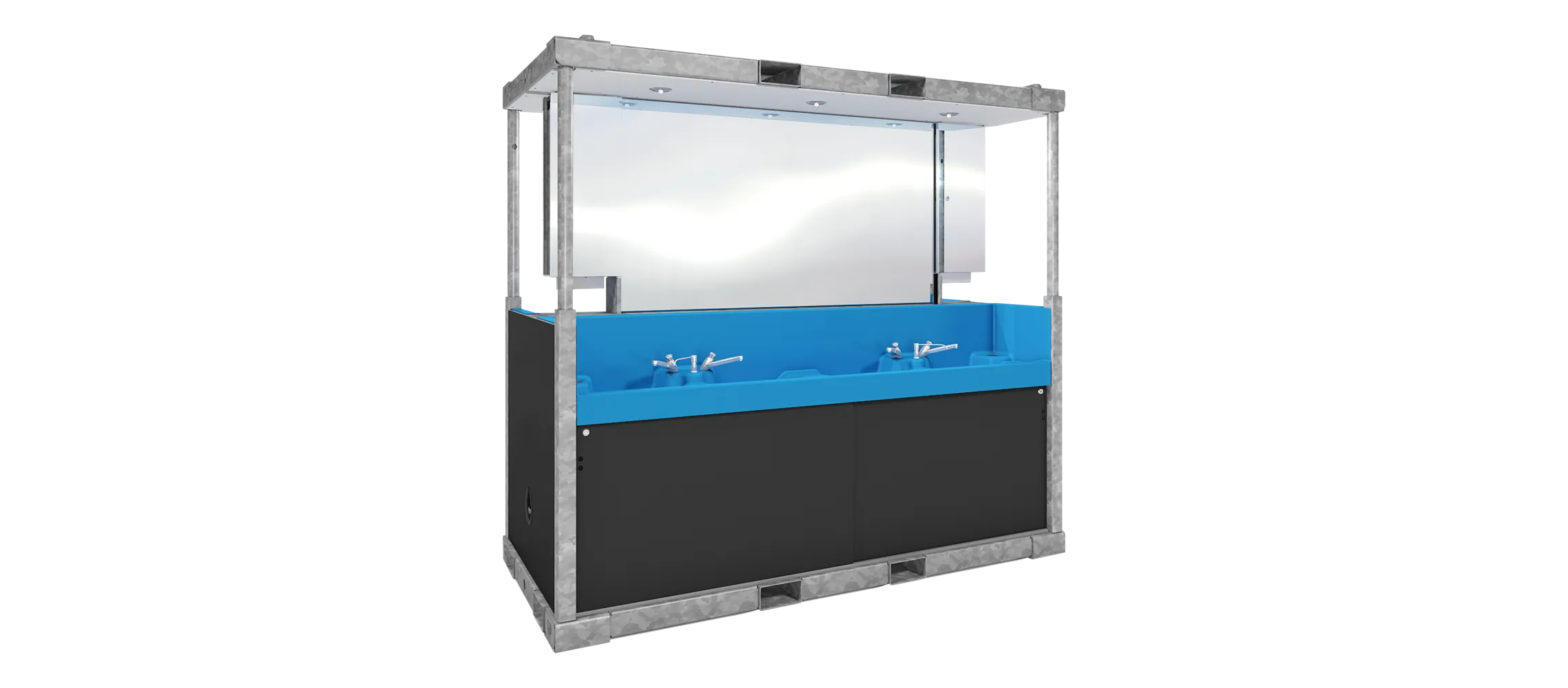 Sanitrax Washbasin Module with blue basin, silver frame, and black panels.