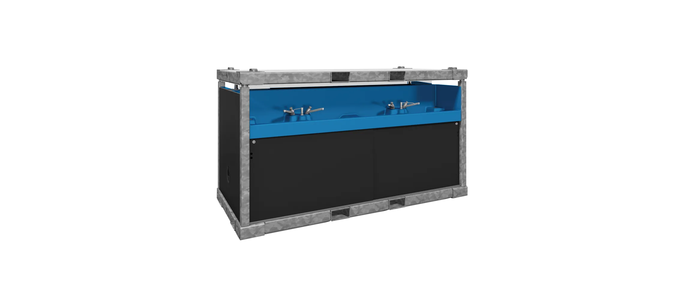 Blue and black industrial washbasin with two faucets in a metal frame enclosure.