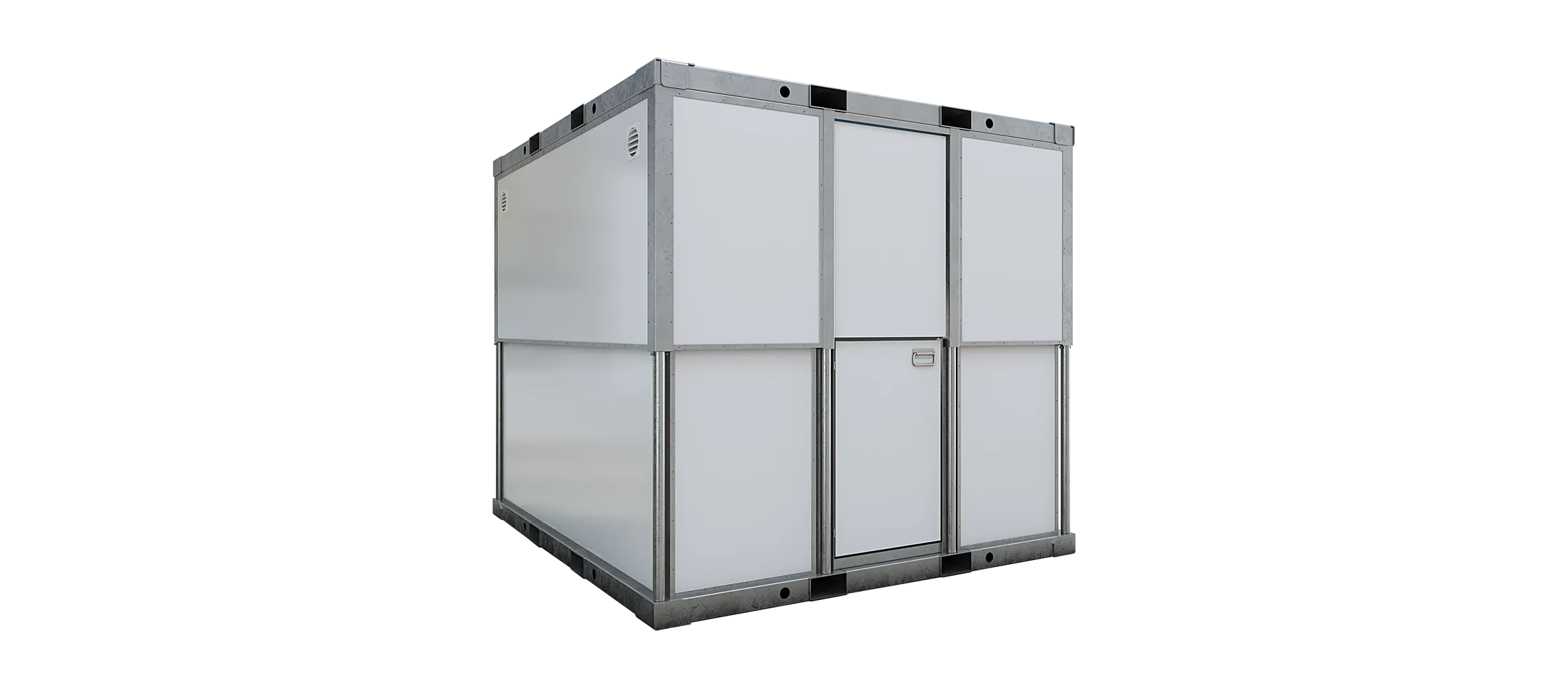 Compact modular unit with a sturdy frame and multiple access doors for versatility.