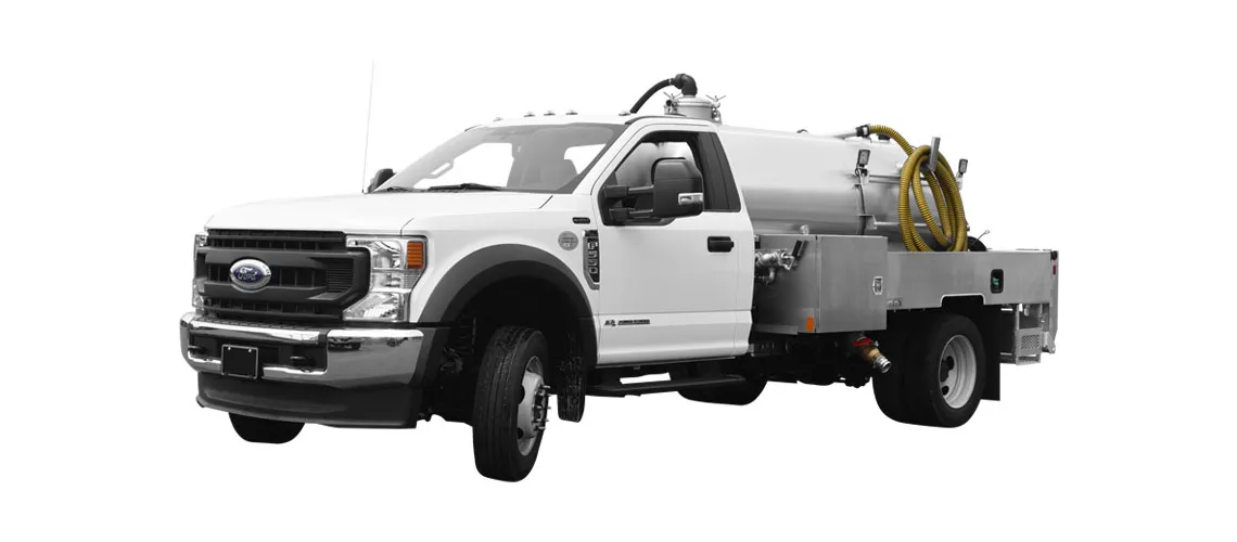 White Ford F-350 truck with a cylindrical tank and hoses on the side for liquid transport.