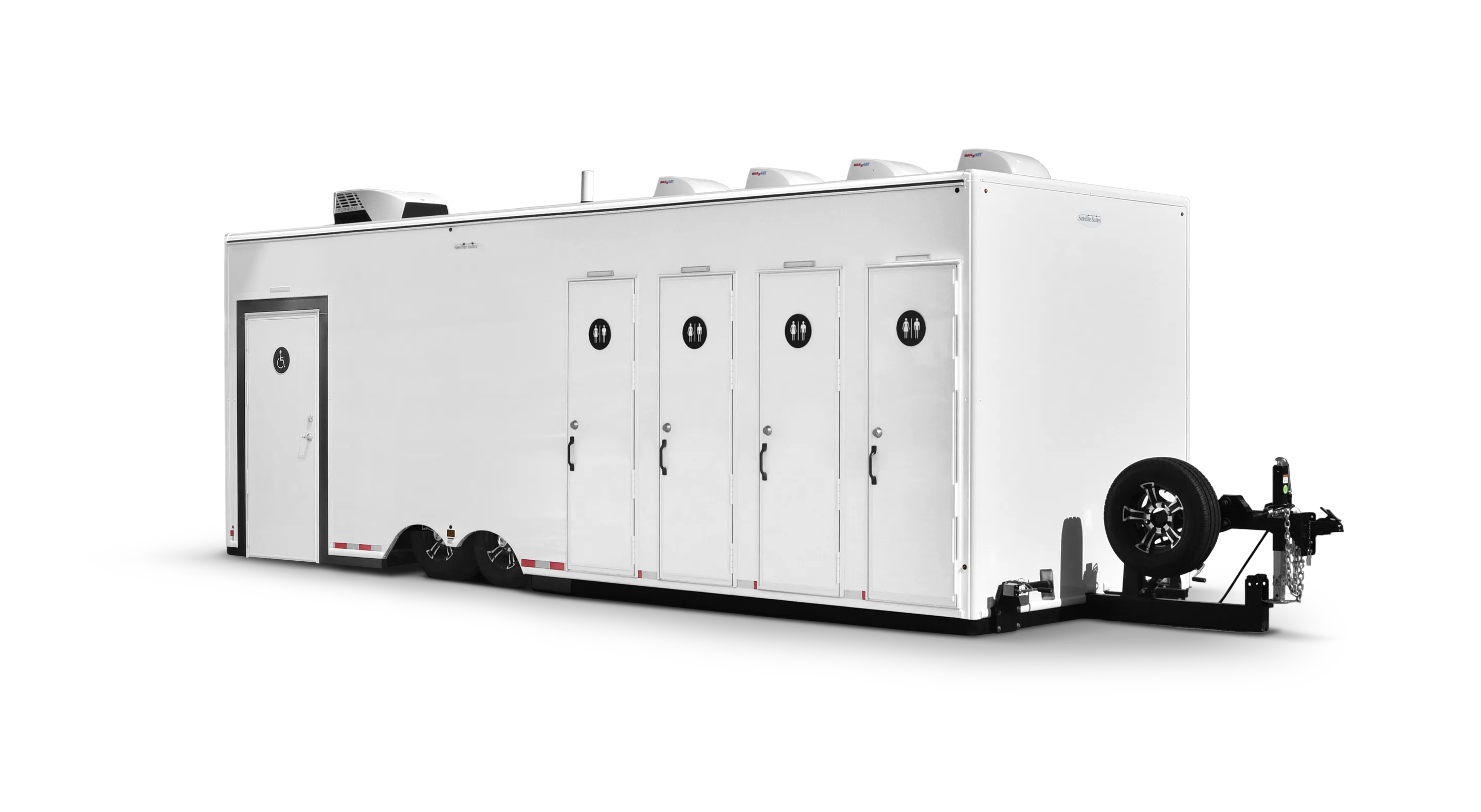A white trailer with five separate restroom compartments and a door on one side.