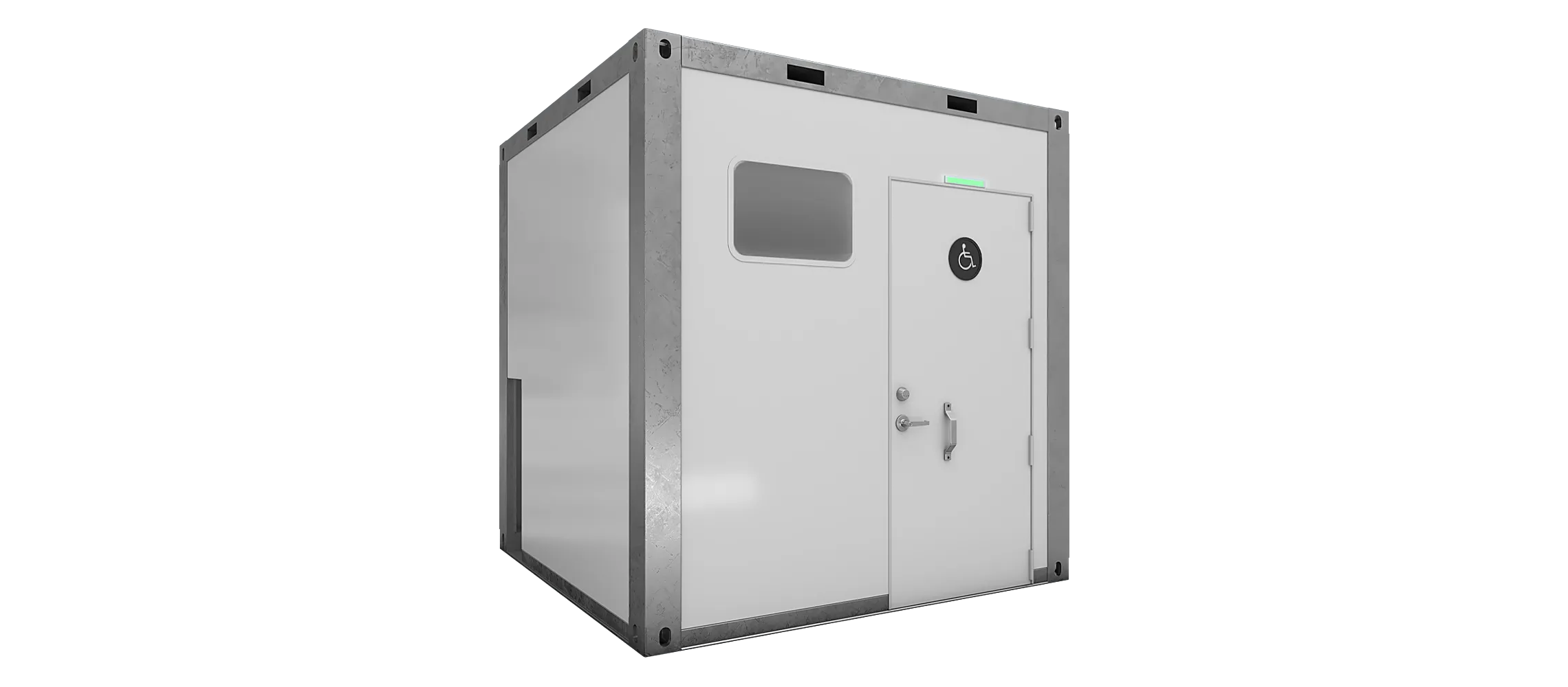 Portable sanitation module with a white exterior, ADA-compliant door, and vented window.