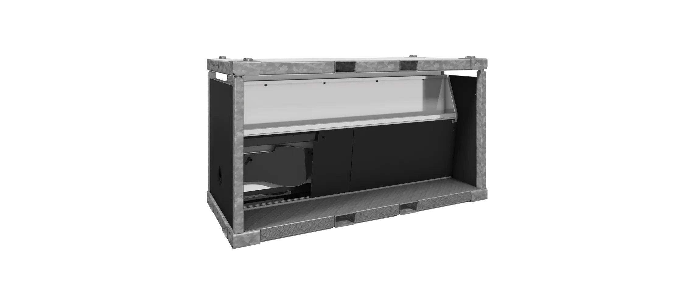 Metal-framed industrial container with open front showing internal shelves and black paneling.