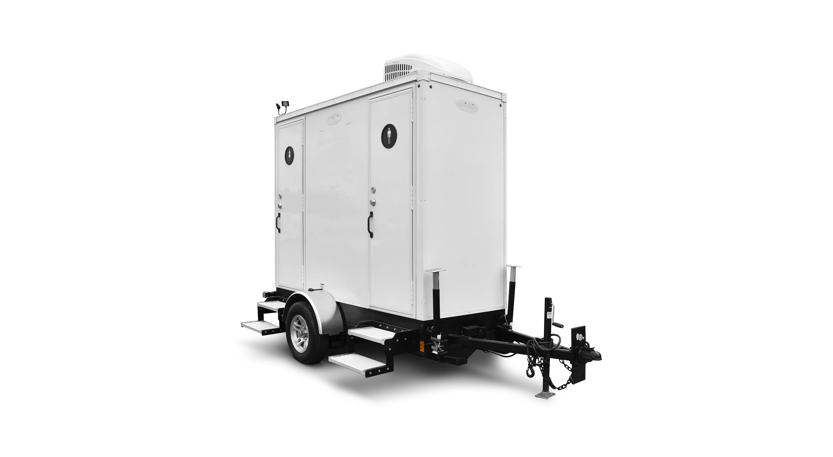 White 2-station restroom trailer on a black trailer chassis with double doors.