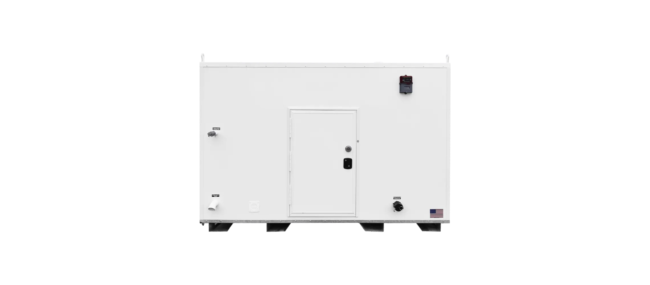 White brick pump house with a door, exterior faucets, and ventilation on one side.