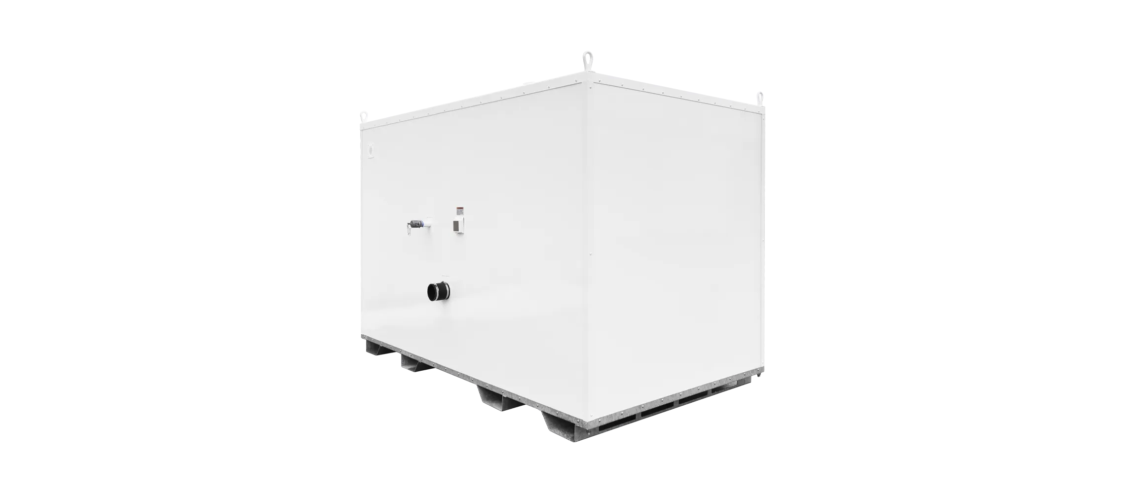 Large white industrial container or equipment housing with valves and pipes mounted on a metal base.