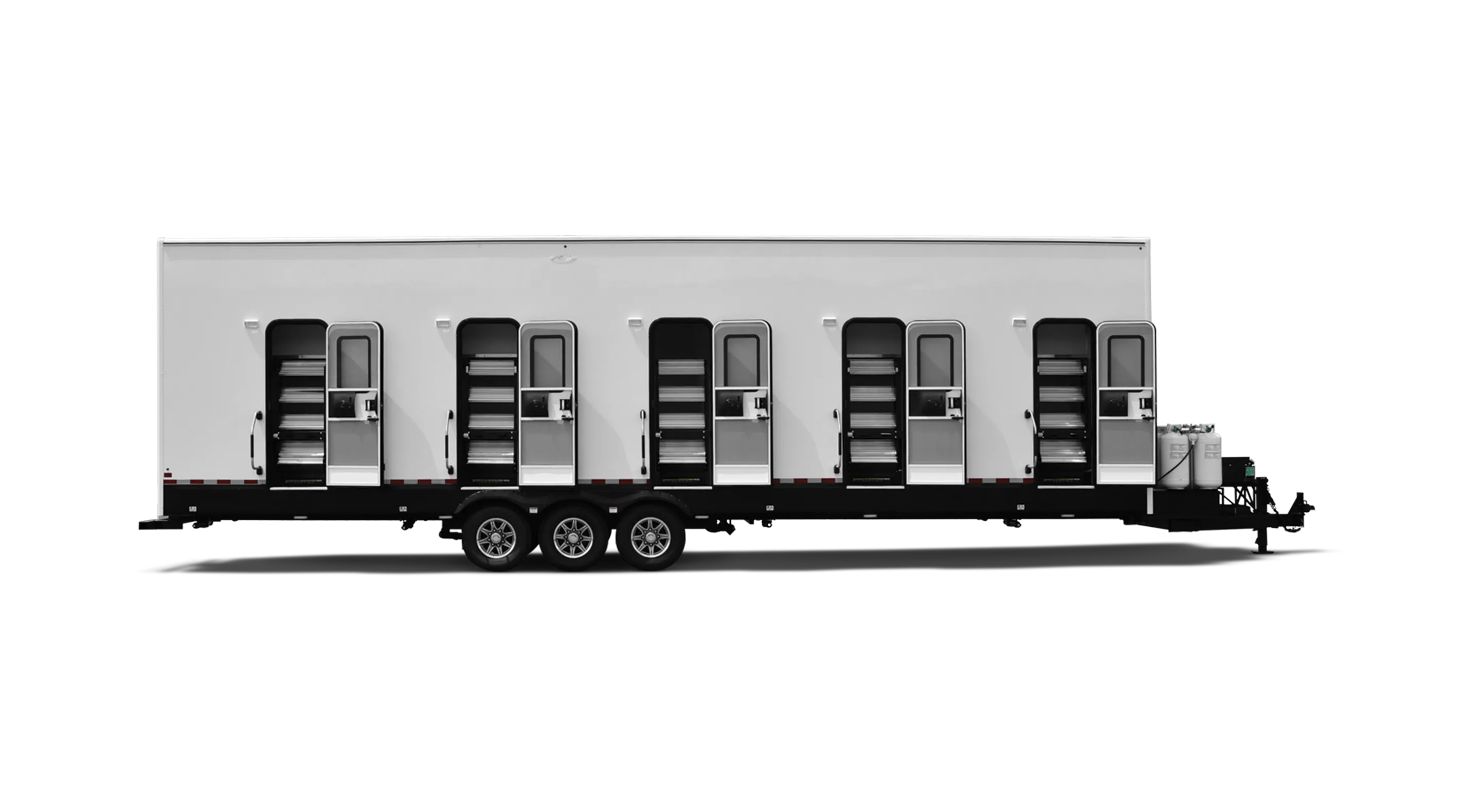 A trailer with multiple access doors, designed for eight-person privacy sleeping and showering.