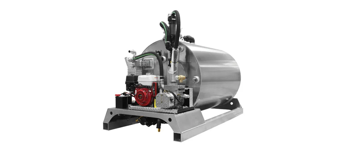 450 Slide-in tank system with engine and pump, featuring a stainless steel tank and mounted base.