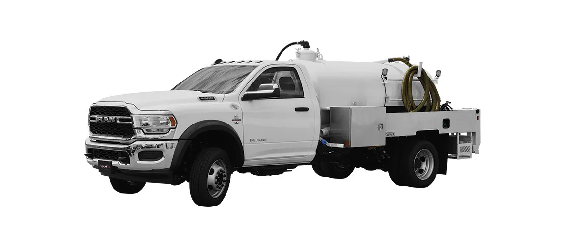 White utility truck with a tank and hoses mounted on the rear, designed for heavy-duty use.