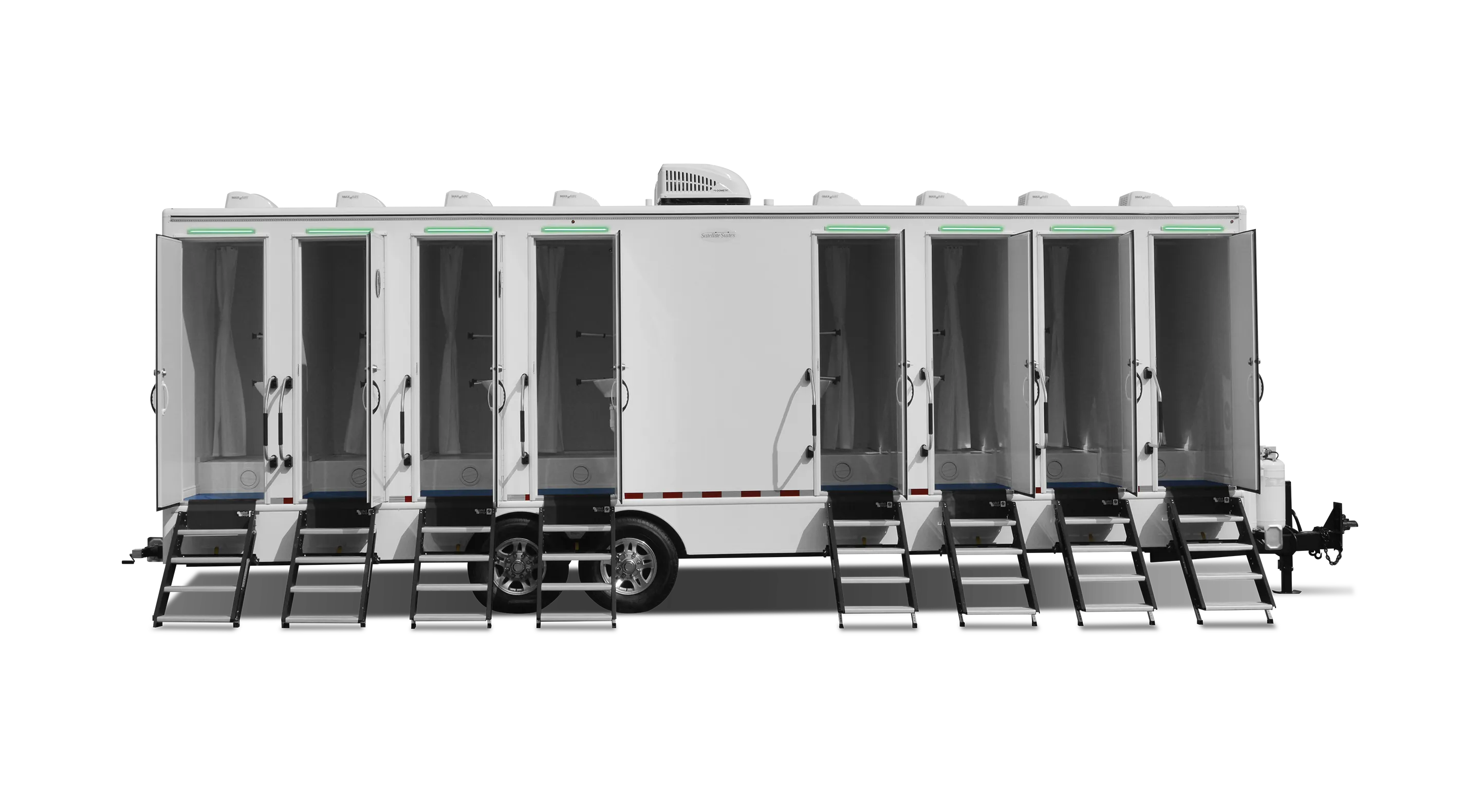 Mobile shower trailer with eight doors and stations, featuring steps and a streamlined design.
